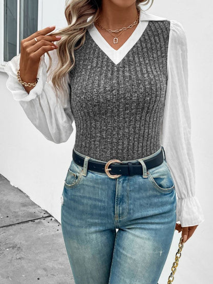 Johnny Collar Flounce Sleeve Knit Top