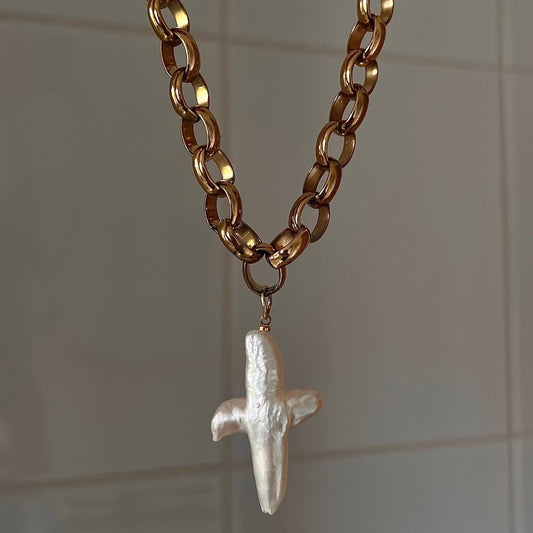 Freshwater Pearl Brass Cross Pendant Necklace