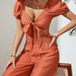 Tie Front Cropped Top and Smocked Wide Leg Pants Set