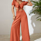 Tie Front Cropped Top and Smocked Wide Leg Pants Set