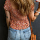 Drawstring Floral V-Neck Short Sleeve Blouse