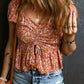 Drawstring Floral V-Neck Short Sleeve Blouse