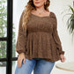 Plus Size Leopard Square Neck Long Sleeve Blouse